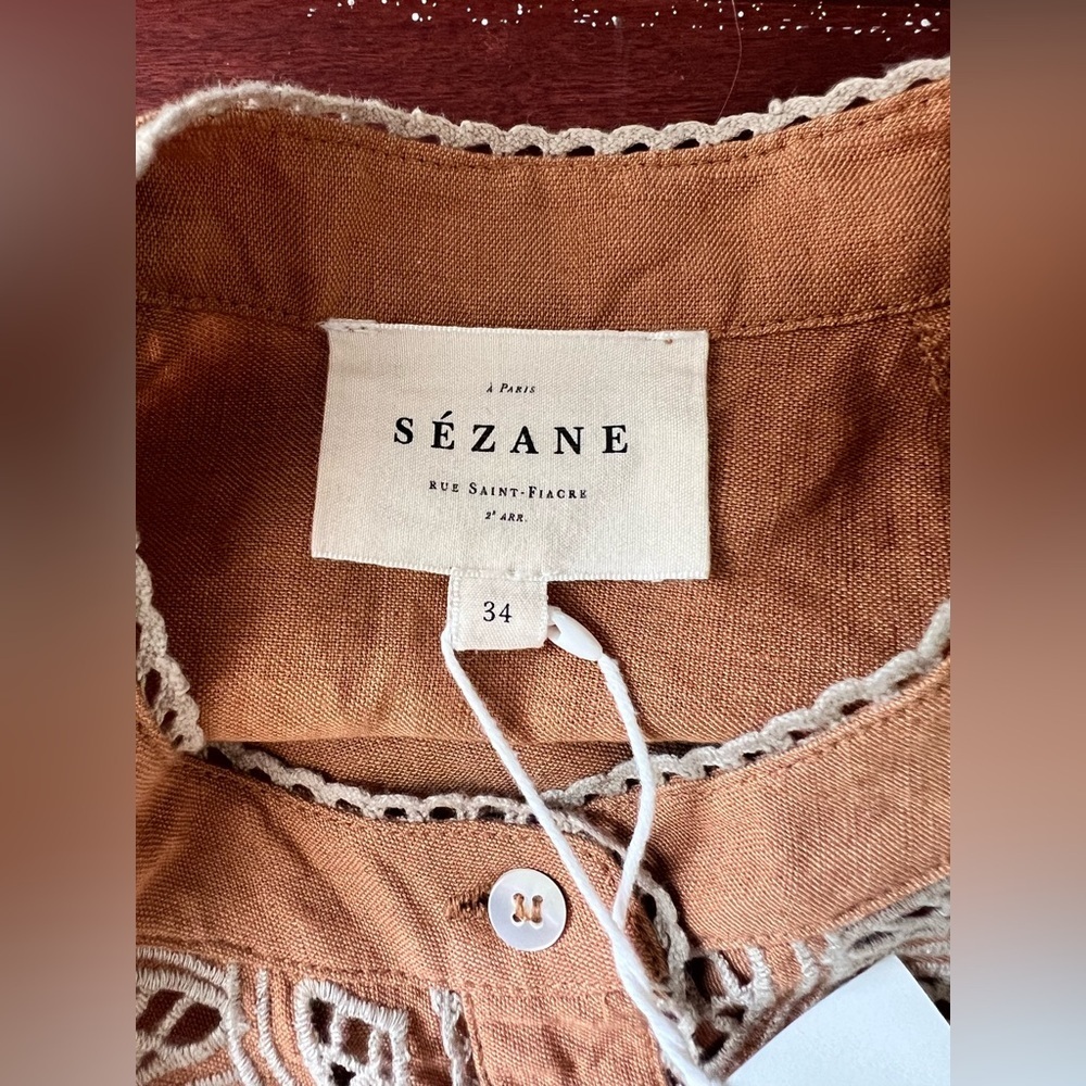 NWT Sezane Caprice Intricate Embroidery Linen Dress In Camel Size 34 - Picture 7 of 8